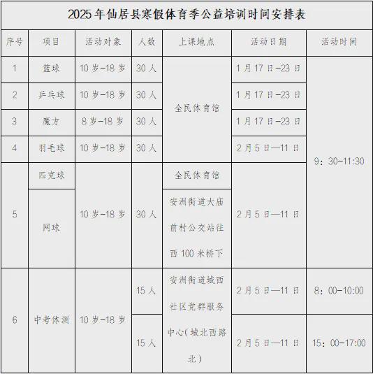 免费！报名从速！仙居寒假体育公益培训来啦