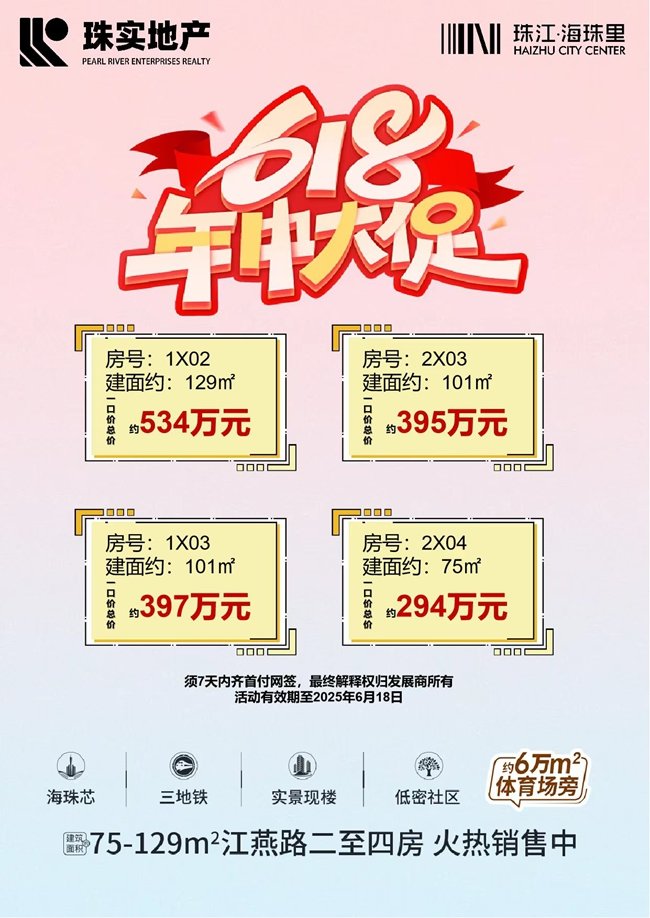星空体育网址：【珠江海珠里】618年中大促优惠一口价总价294万元起(图1)
