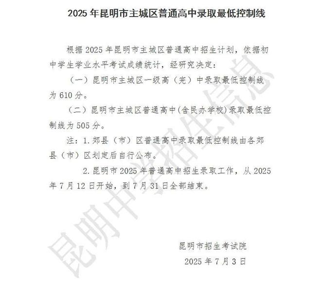 610分！2025年昆明市主城区一级高（完）中录取最低控制线公布(图1)